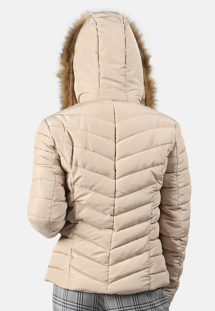 puffer jacket with faux fur hoodie#color_beige