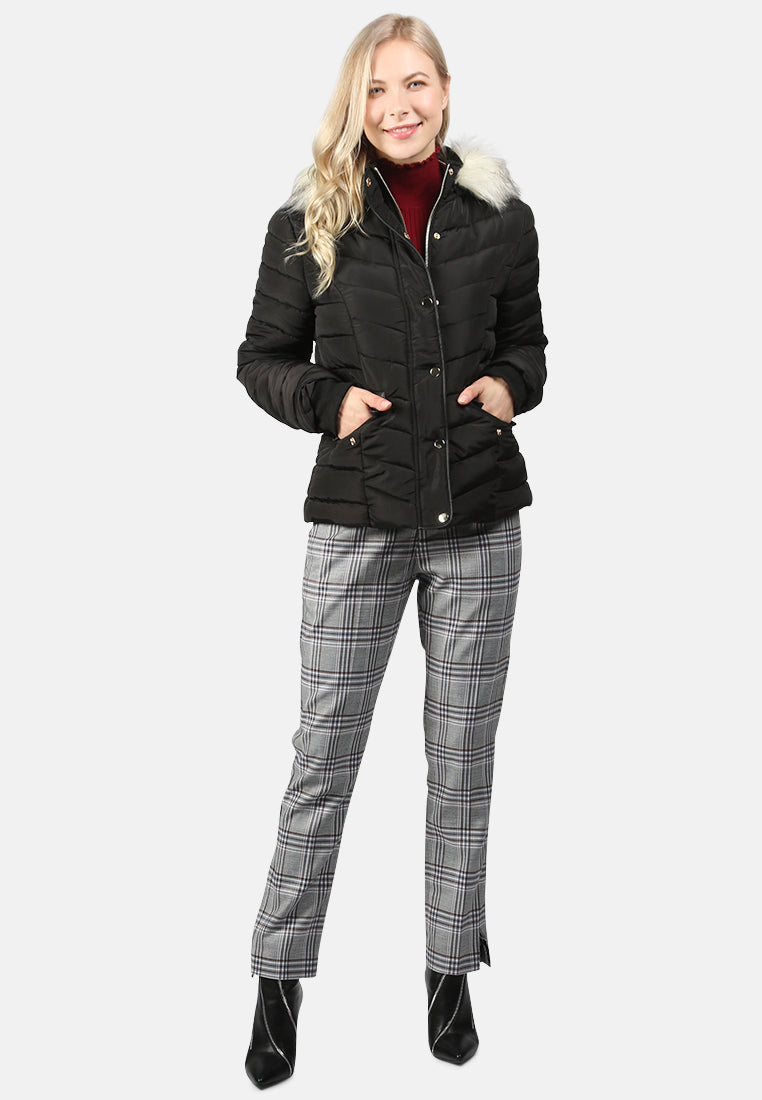 puffer jacket with faux fur hoodie#color_black