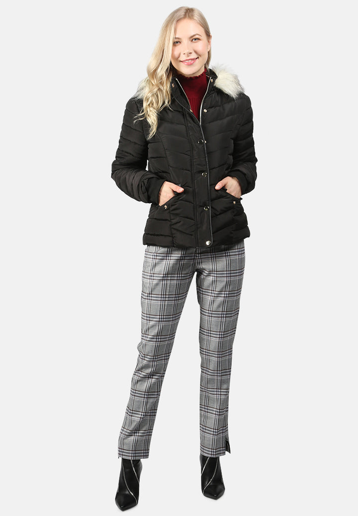 puffer jacket with faux fur hoodie#color_black