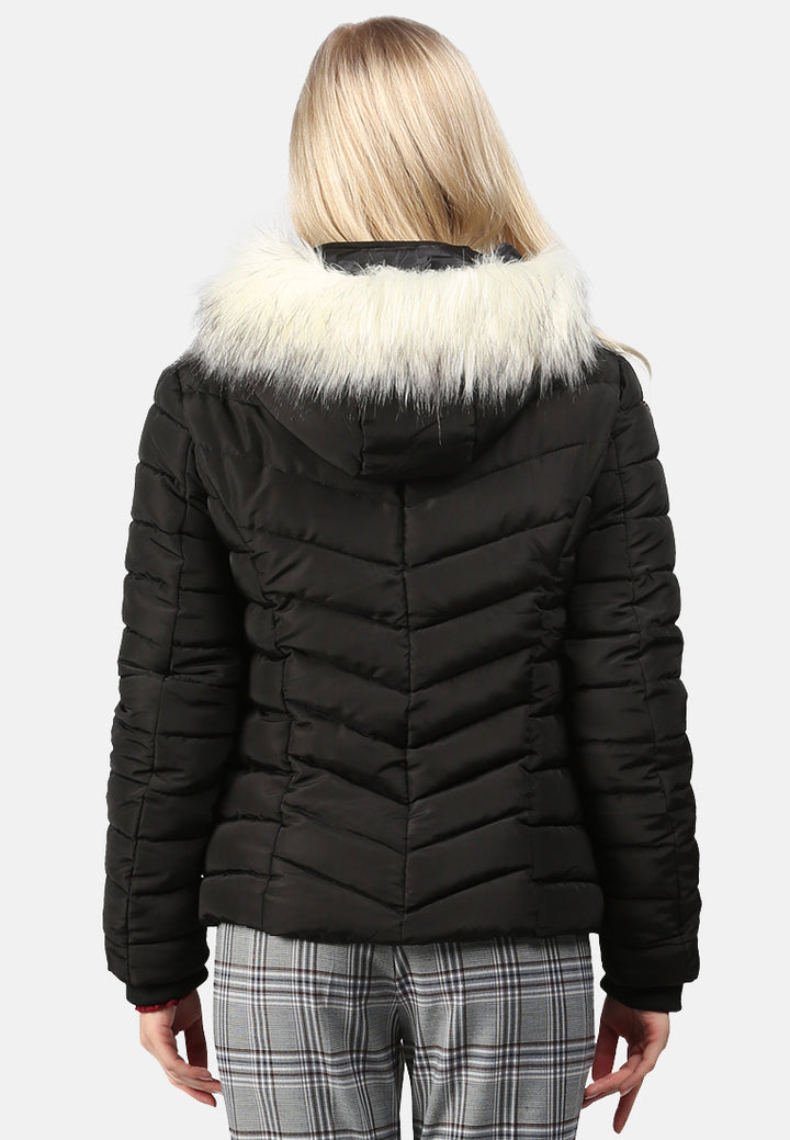 puffer jacket with faux fur hoodie#color_black