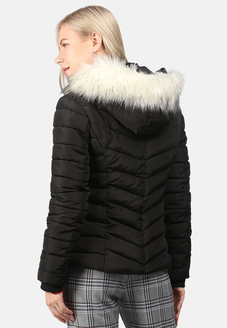 puffer jacket with faux fur hoodie#color_black