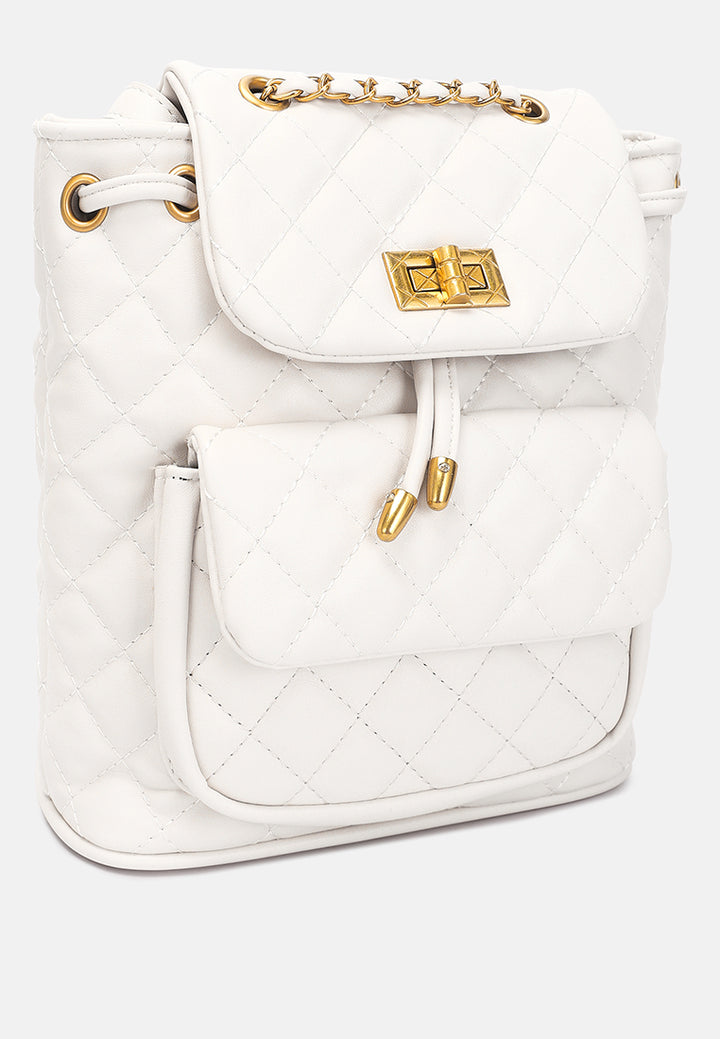 quilted faux leather bucket backpack#color_white