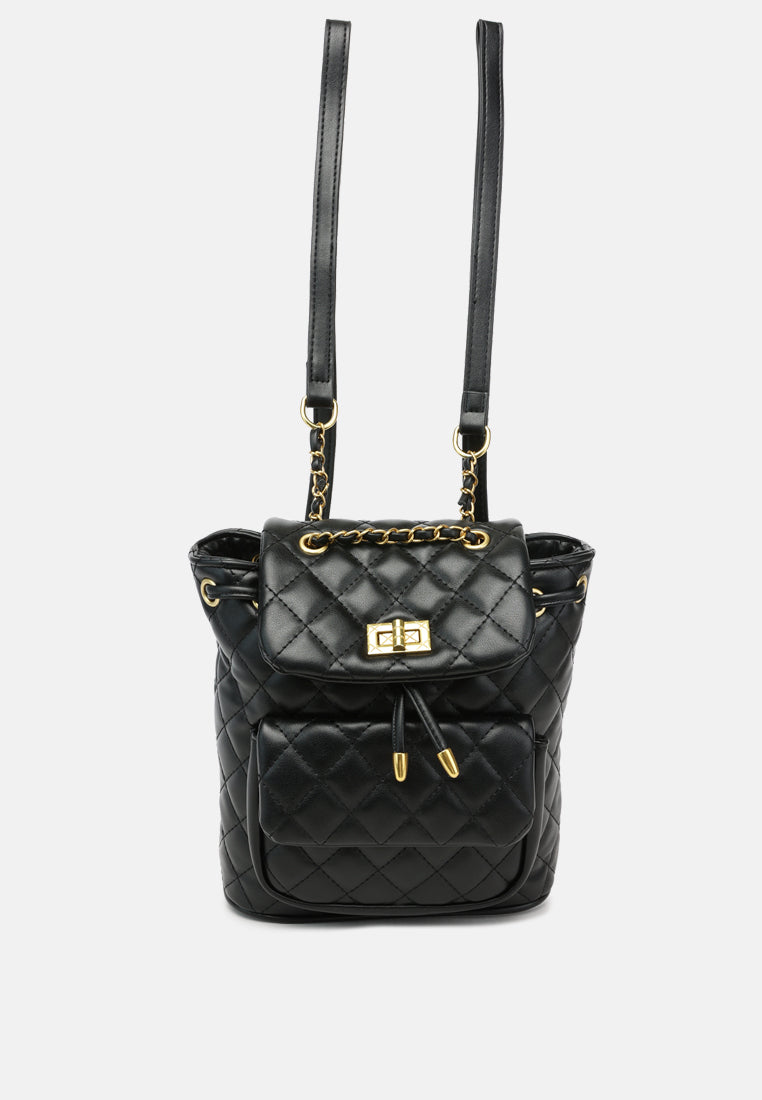 quilted faux leather bucket backpack#color_black