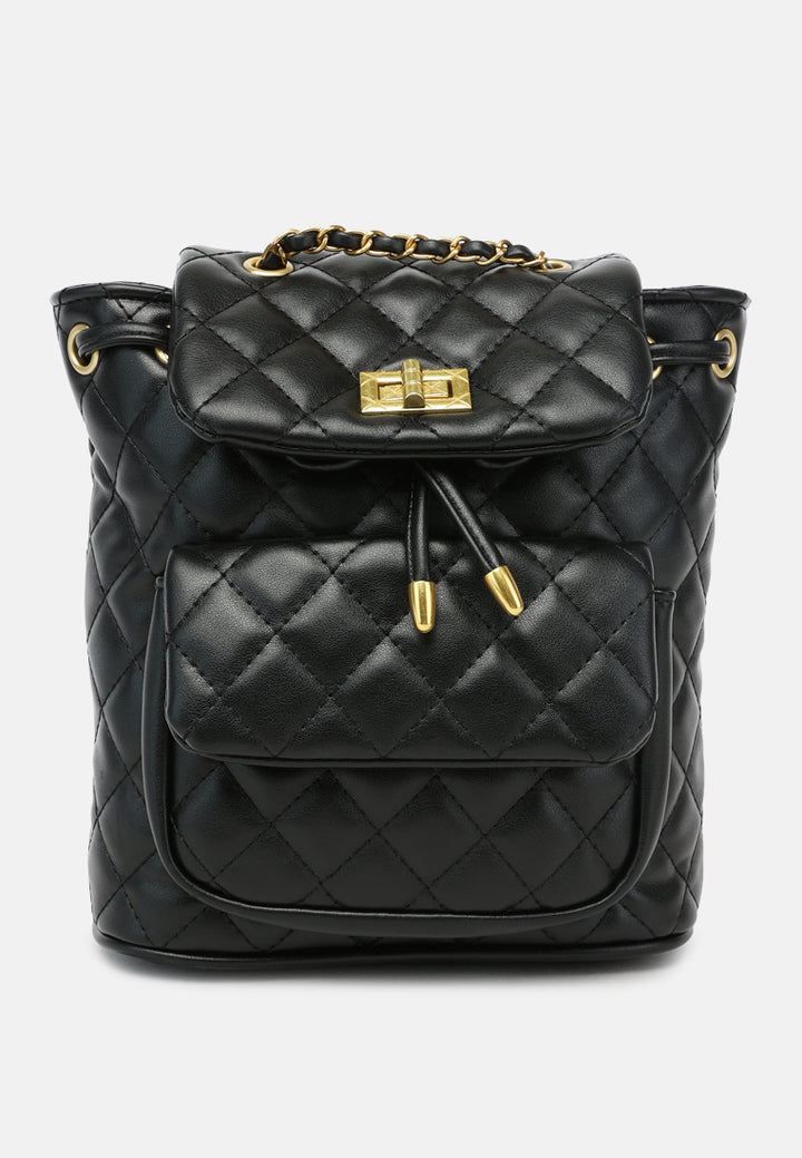 quilted faux leather bucket backpack#color_black