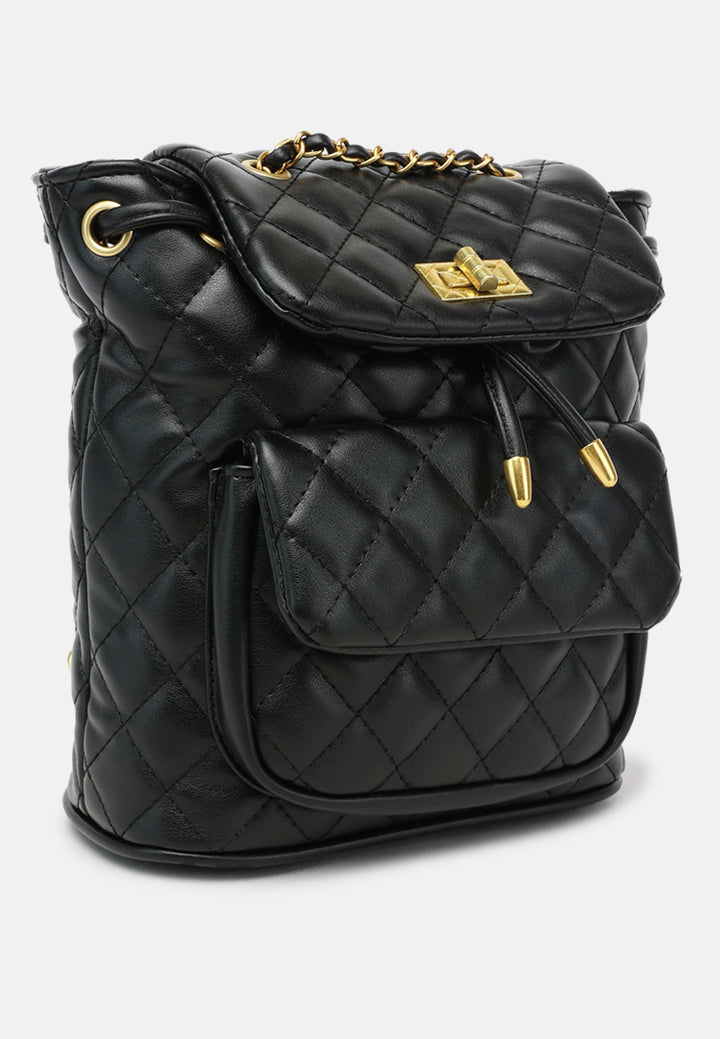 quilted faux leather bucket backpack#color_black