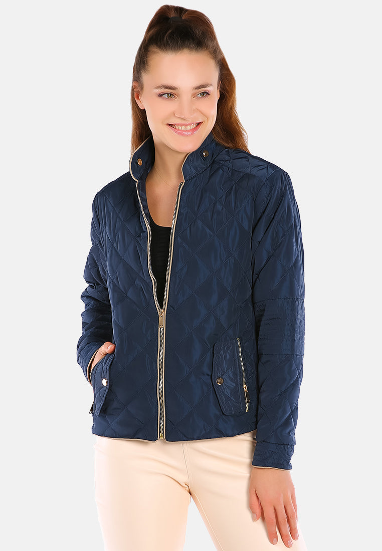quilted puffer long sleeve jacket#color_navy