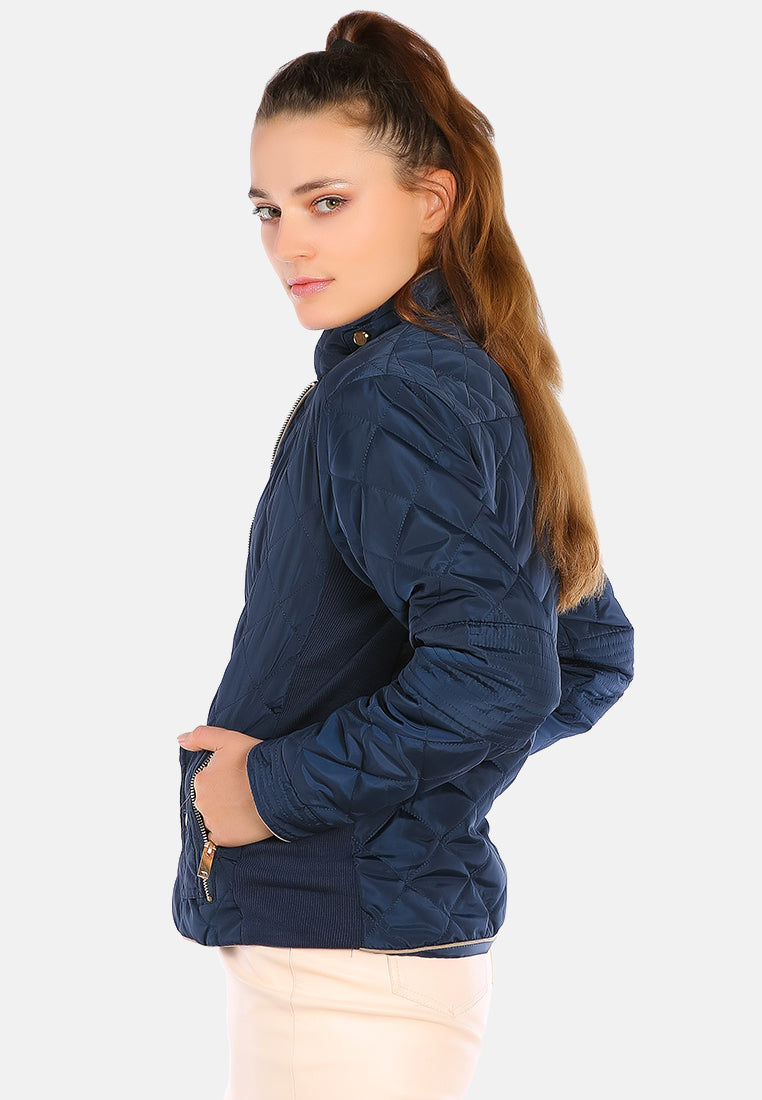 quilted puffer long sleeve jacket#color_navy