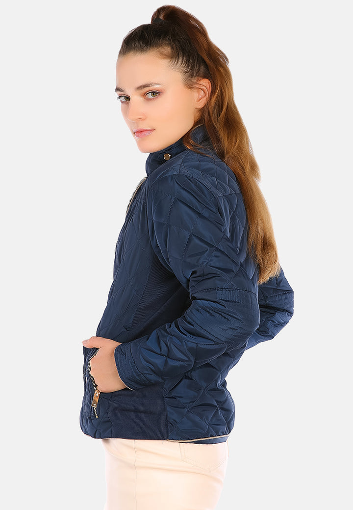 quilted puffer long sleeve jacket#color_navy