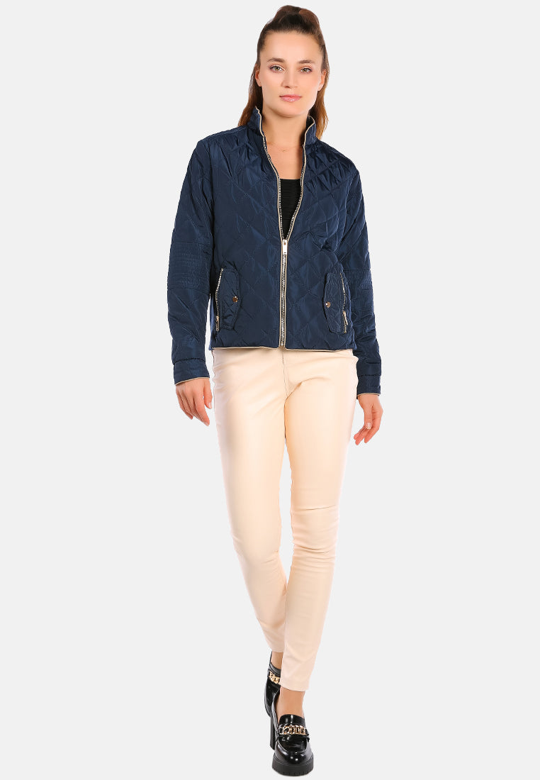 quilted puffer long sleeve jacket#color_navy