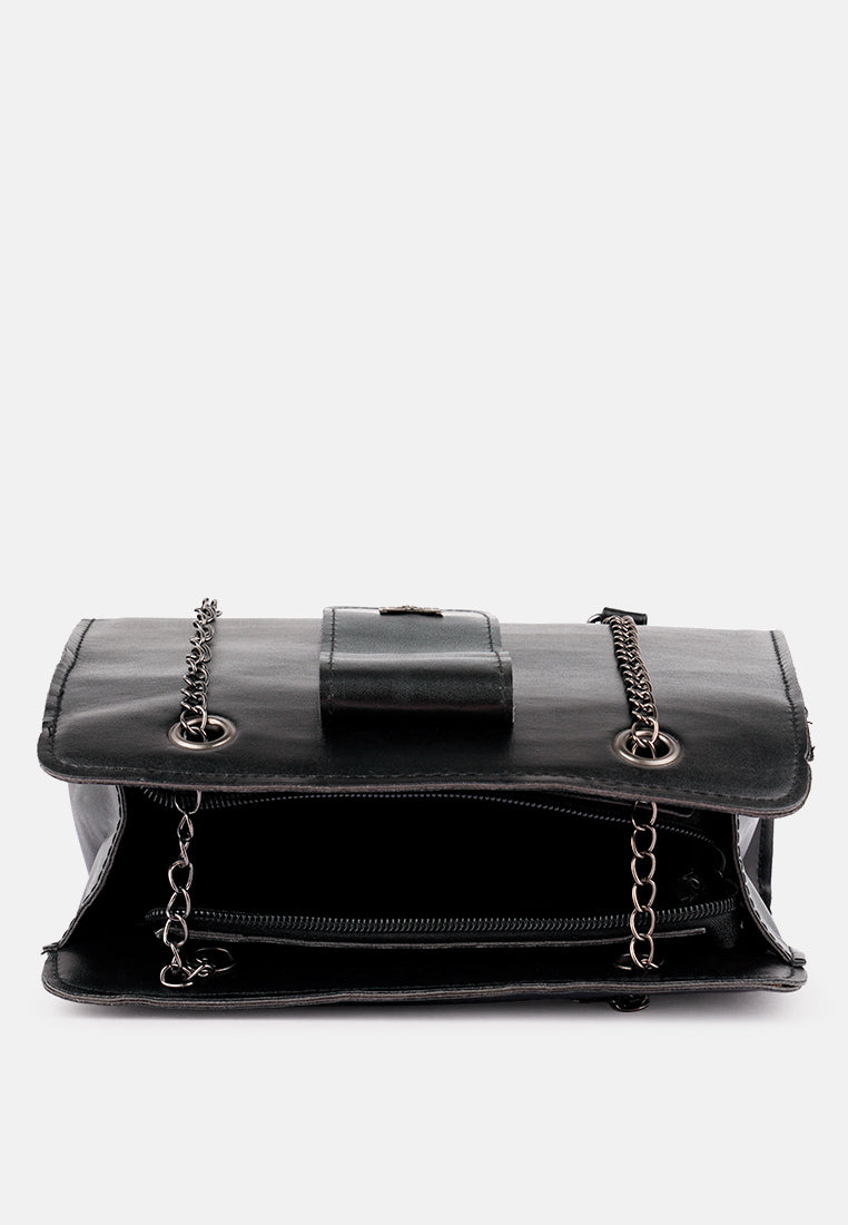 black quilted statement sling bag#color_black