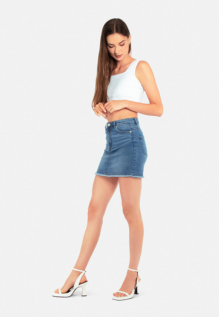 raw hem denim mini skirt#color_mid-blue