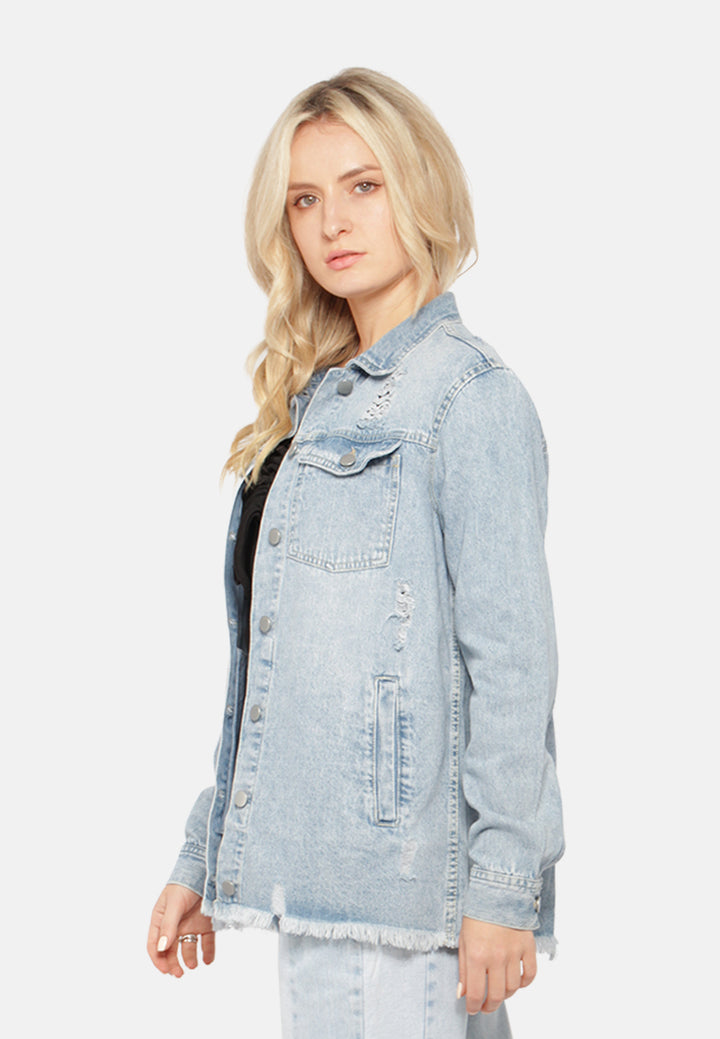 raw hem distressed denim jacket#color_light-blue