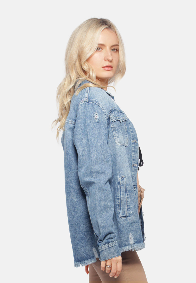 raw hem distressed denim jacket#color_mid-blue