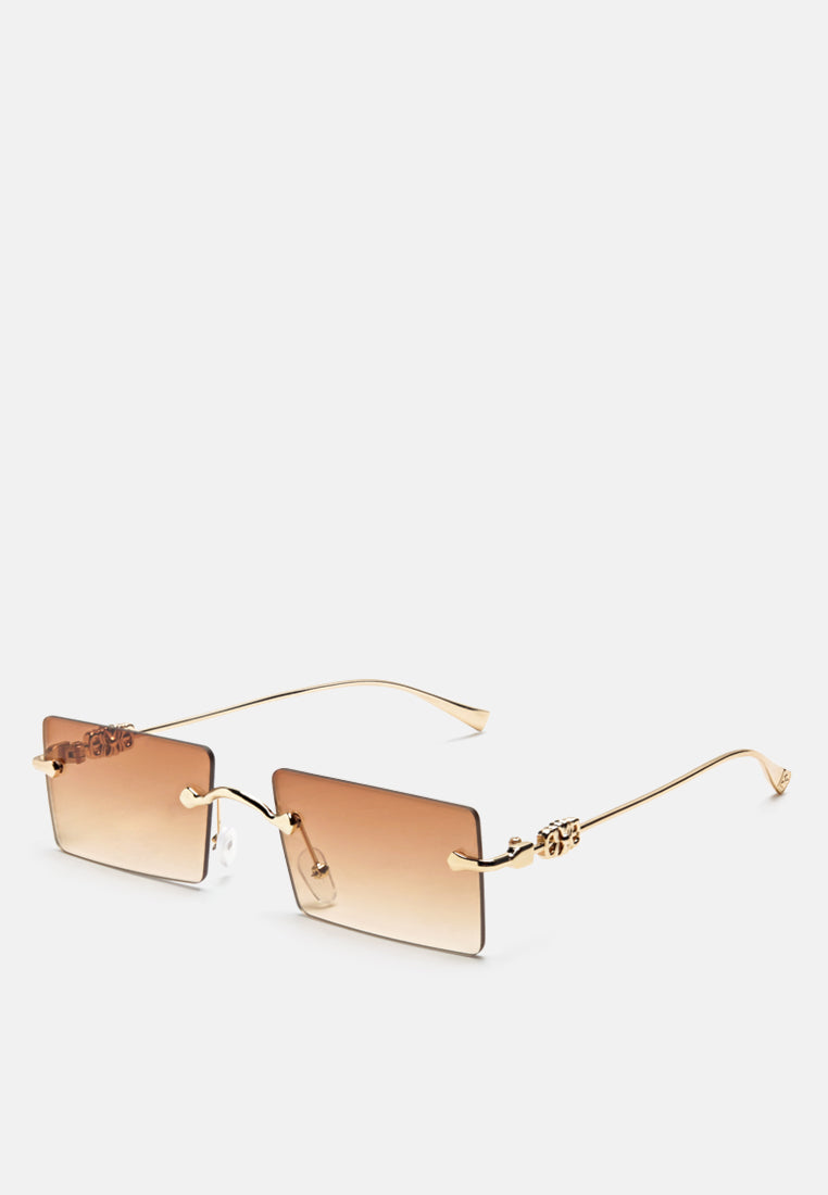 rectangular metallic rimless sunglasses#color_tan