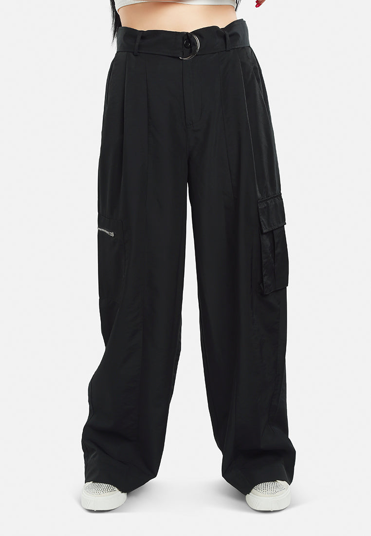 relaxed woven cargo pants with belt#color_black