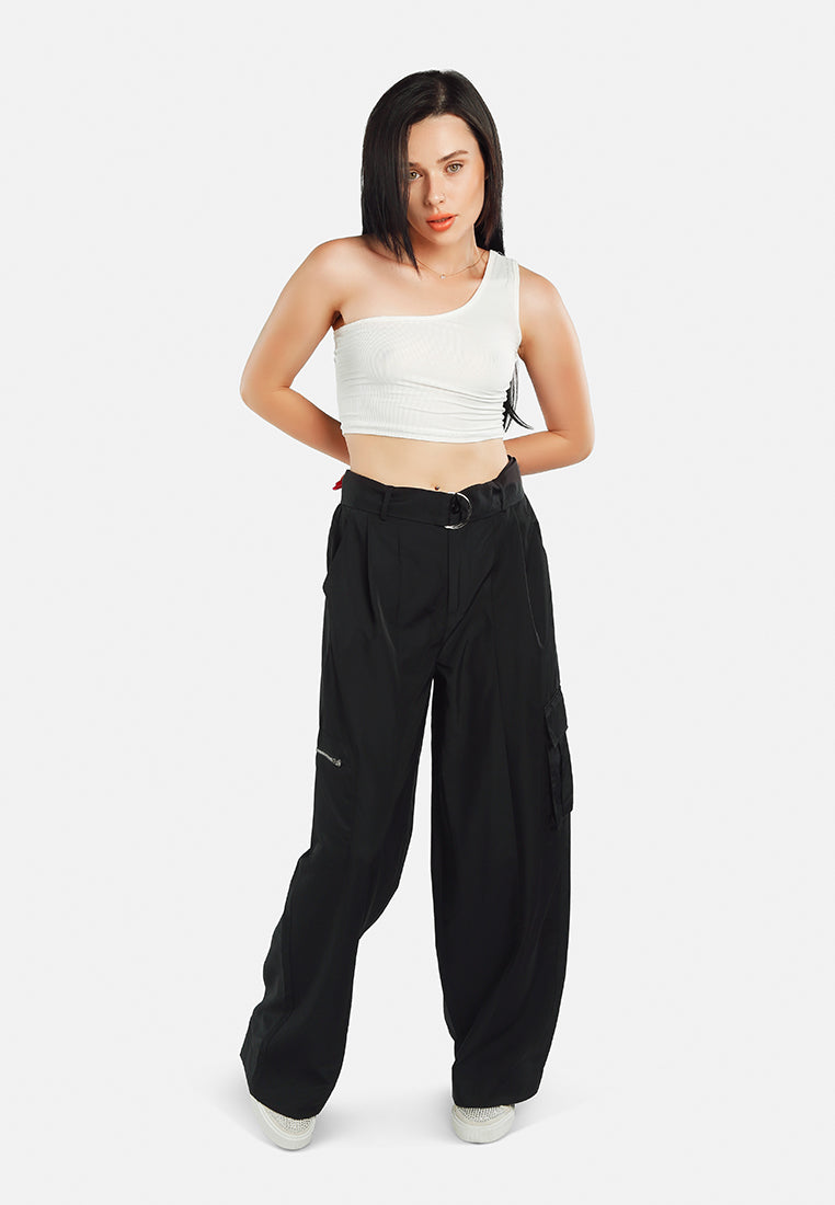 relaxed woven cargo pants with belt#color_black