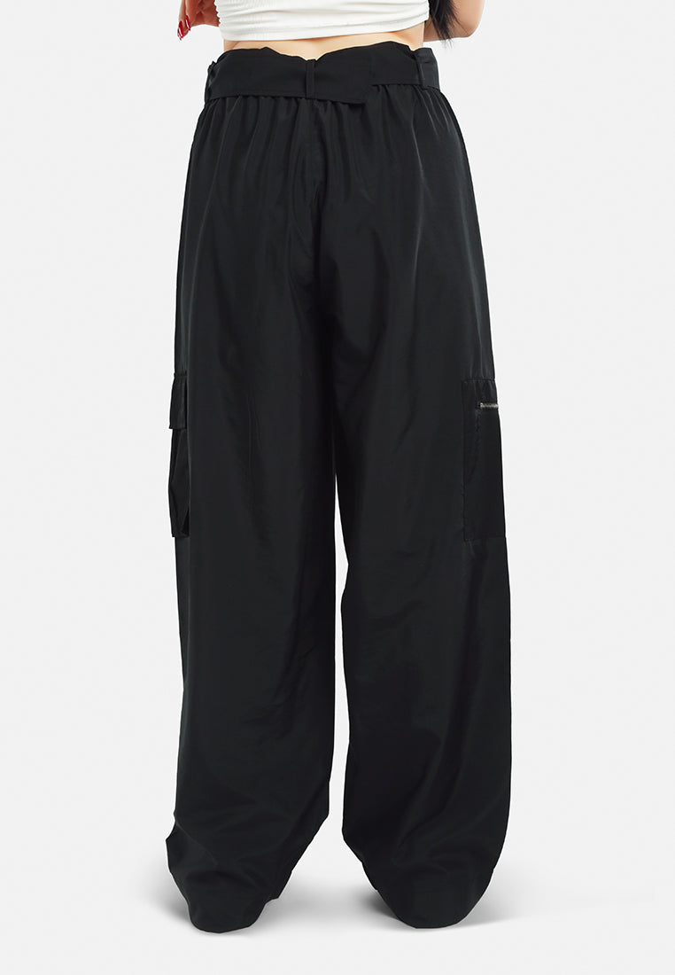 relaxed woven cargo pants with belt#color_black