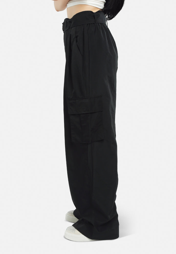 relaxed woven cargo pants with belt#color_black