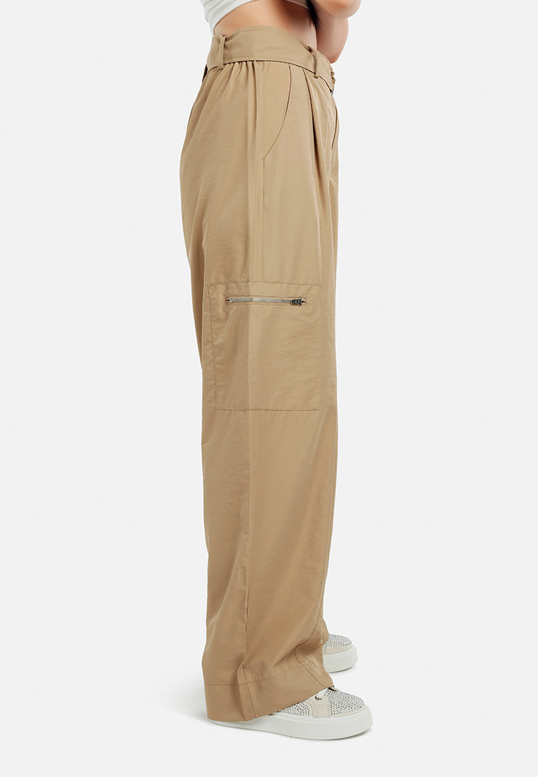 relaxed woven cargo pants with belt#color_khaki