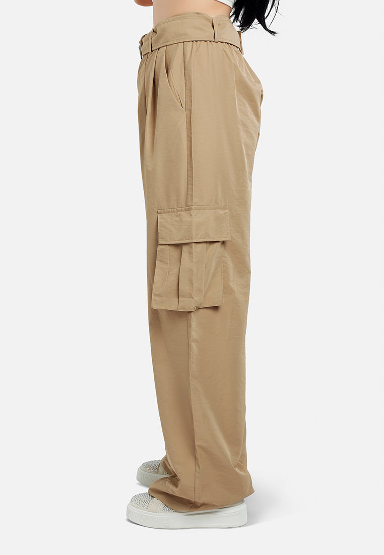 relaxed woven cargo pants with belt#color_khaki