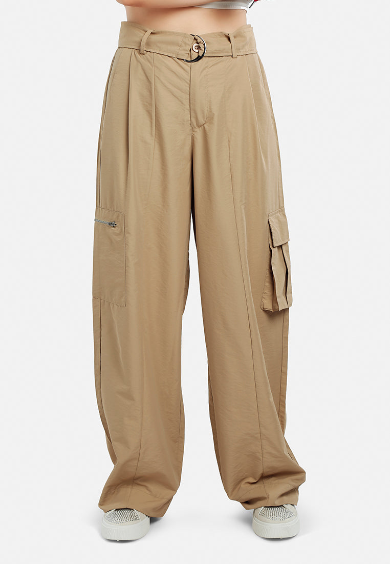 relaxed woven cargo pants with belt#color_khaki