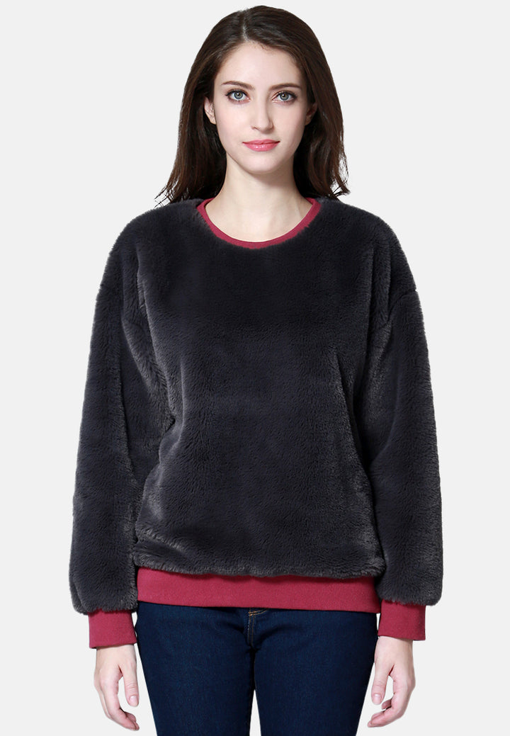 round neck full sleeve fur sweatshirt#color_grey