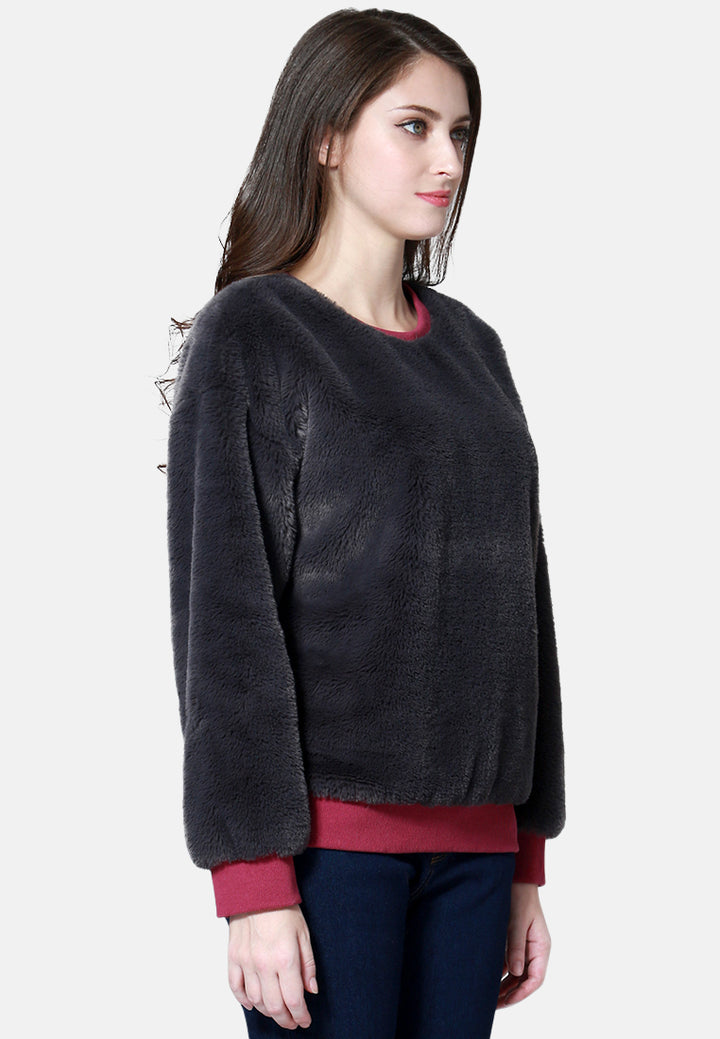 round neck full sleeve fur sweatshirt#color_grey