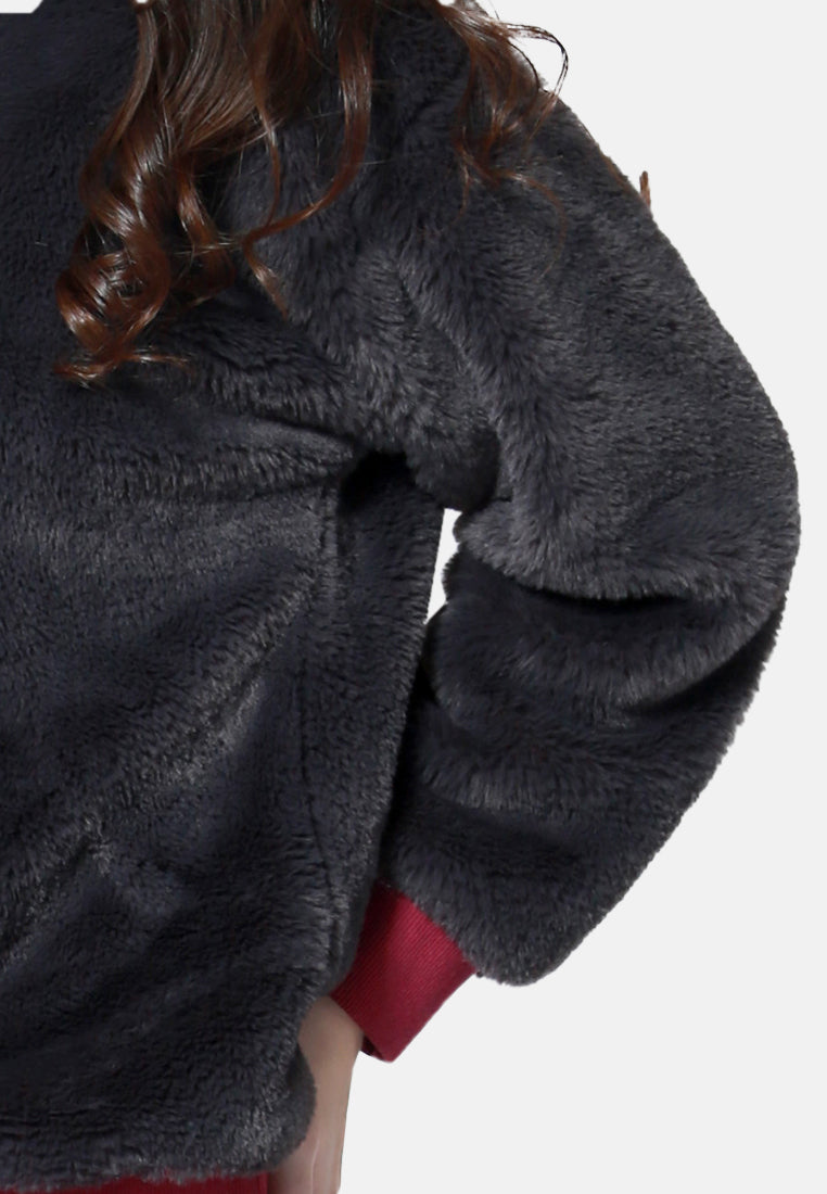 round neck full sleeve fur sweatshirt#color_grey