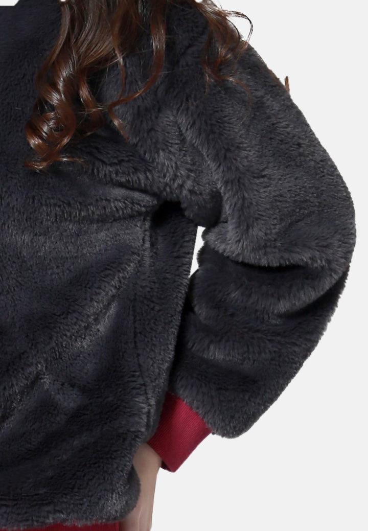 round neck full sleeve fur sweatshirt#color_grey