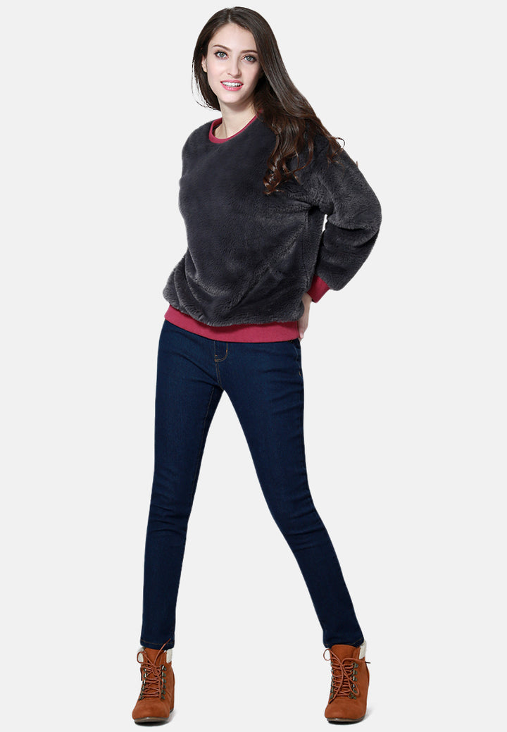 round neck full sleeve fur sweatshirt#color_grey