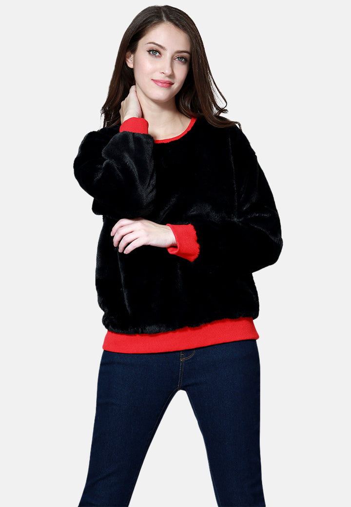 round neck full sleeve fur sweatshirt#color_black