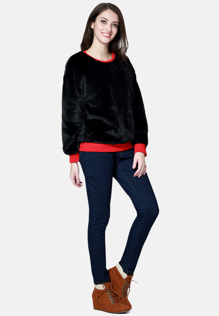 round neck full sleeve fur sweatshirt#color_black