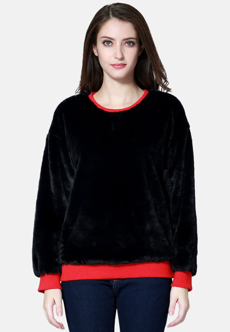 round neck full sleeve fur sweatshirt#color_black