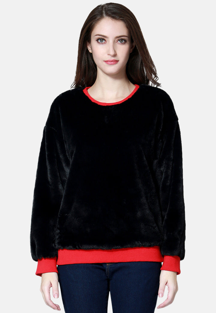 round neck full sleeve fur sweatshirt#color_black