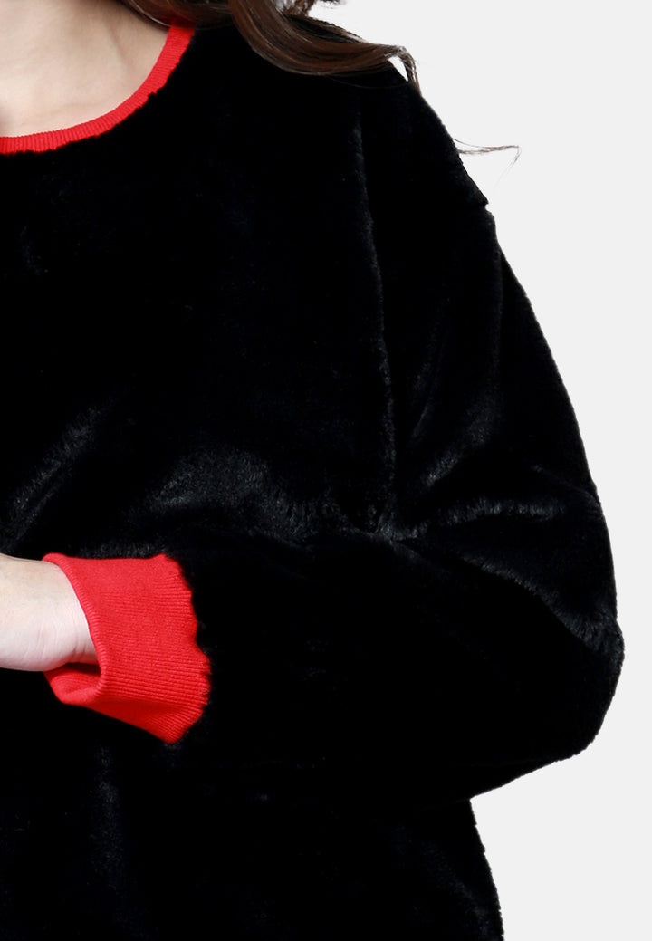 round neck full sleeve fur sweatshirt#color_black
