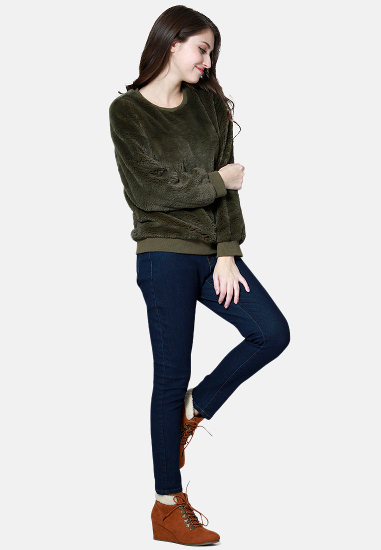 round neck full sleeve fur sweatshirt#color_green