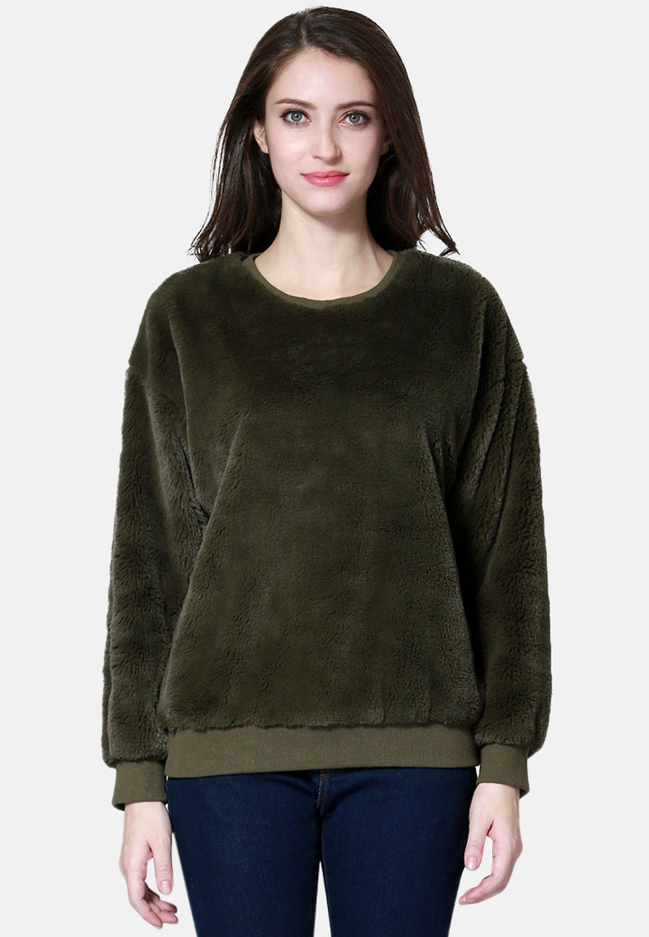 round neck full sleeve fur sweatshirt#color_green