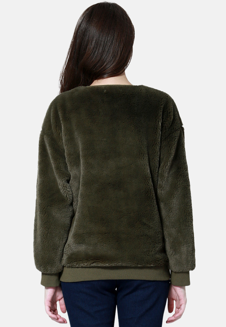 round neck full sleeve fur sweatshirt#color_green