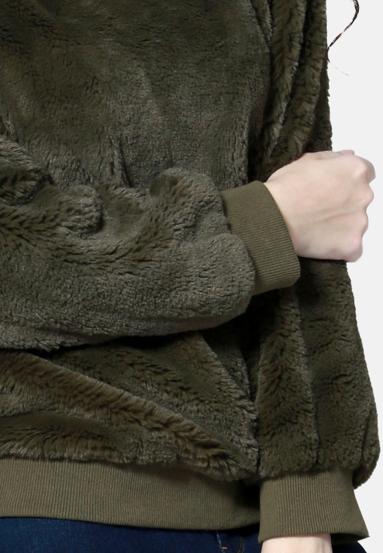 round neck full sleeve fur sweatshirt#color_green
