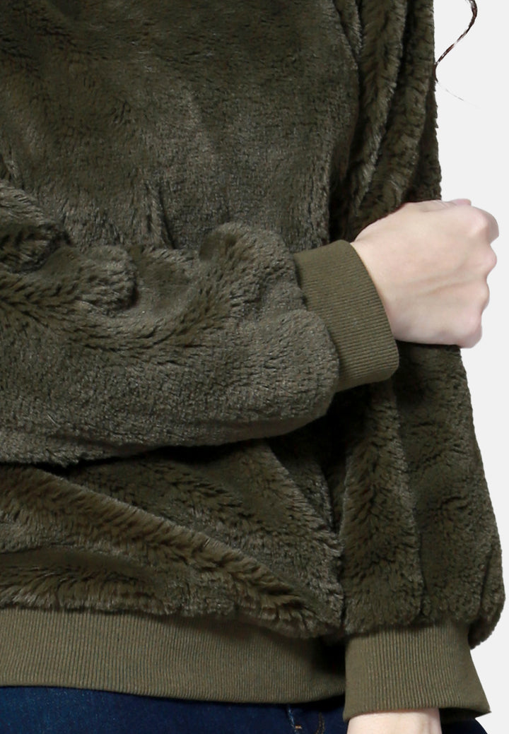 round neck full sleeve fur sweatshirt#color_green