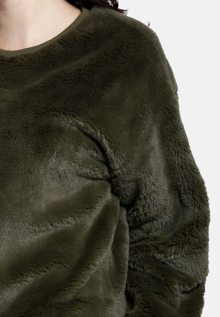 round neck full sleeve fur sweatshirt#color_green