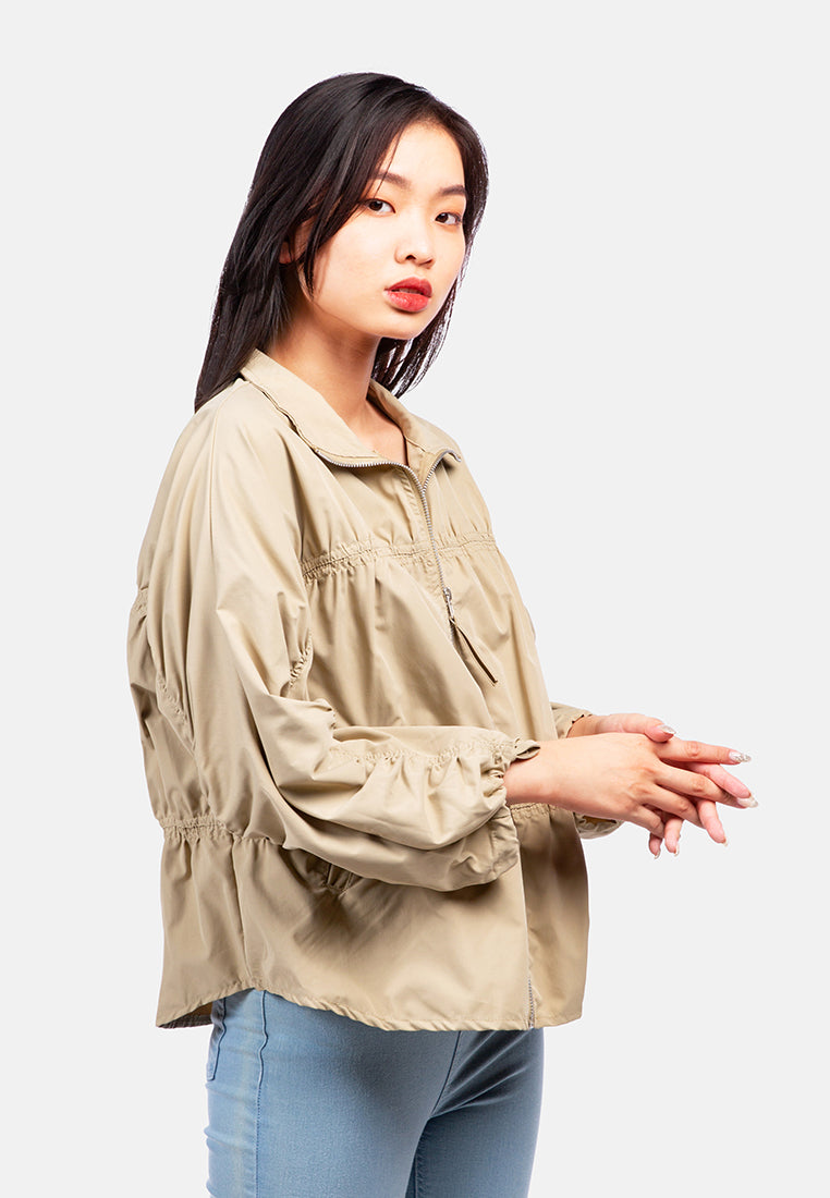 ruched drawstring jacket#color_khaki