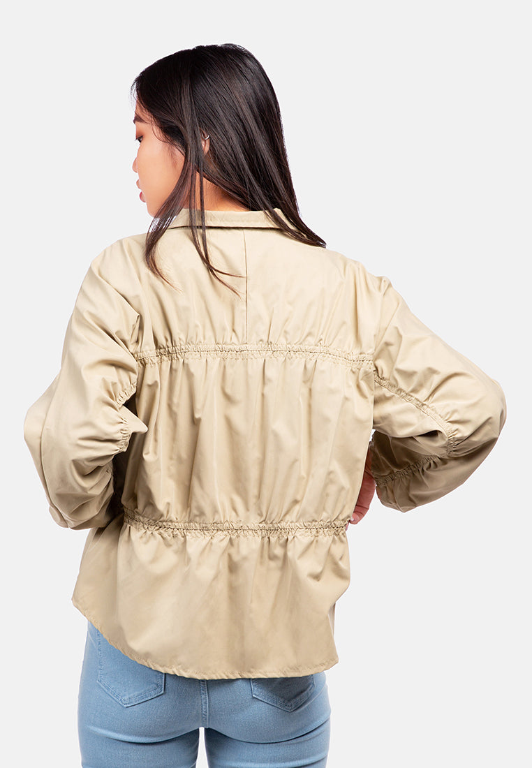 ruched drawstring jacket#color_khaki