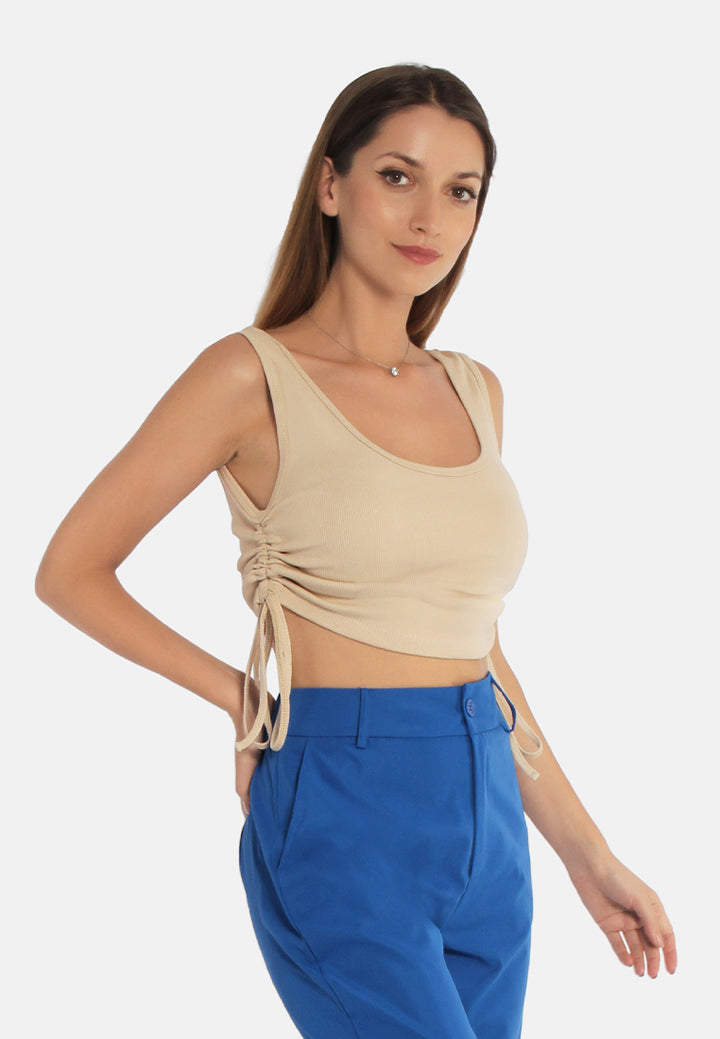 ruched crop top#color_beige