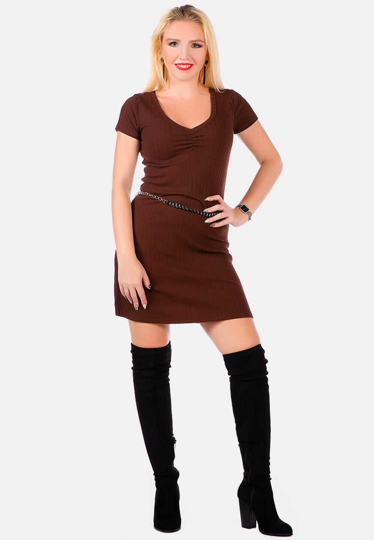 ruched detail knitted mini dress#color_dark-charcoal