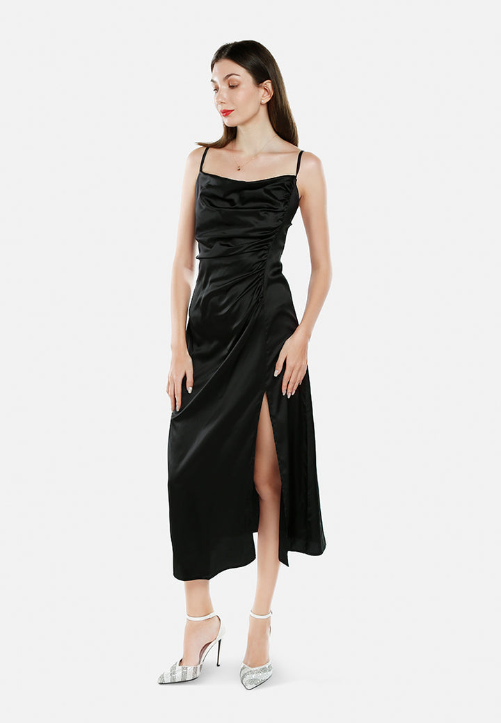 ruched detail slit slip dress by ruw#color_black