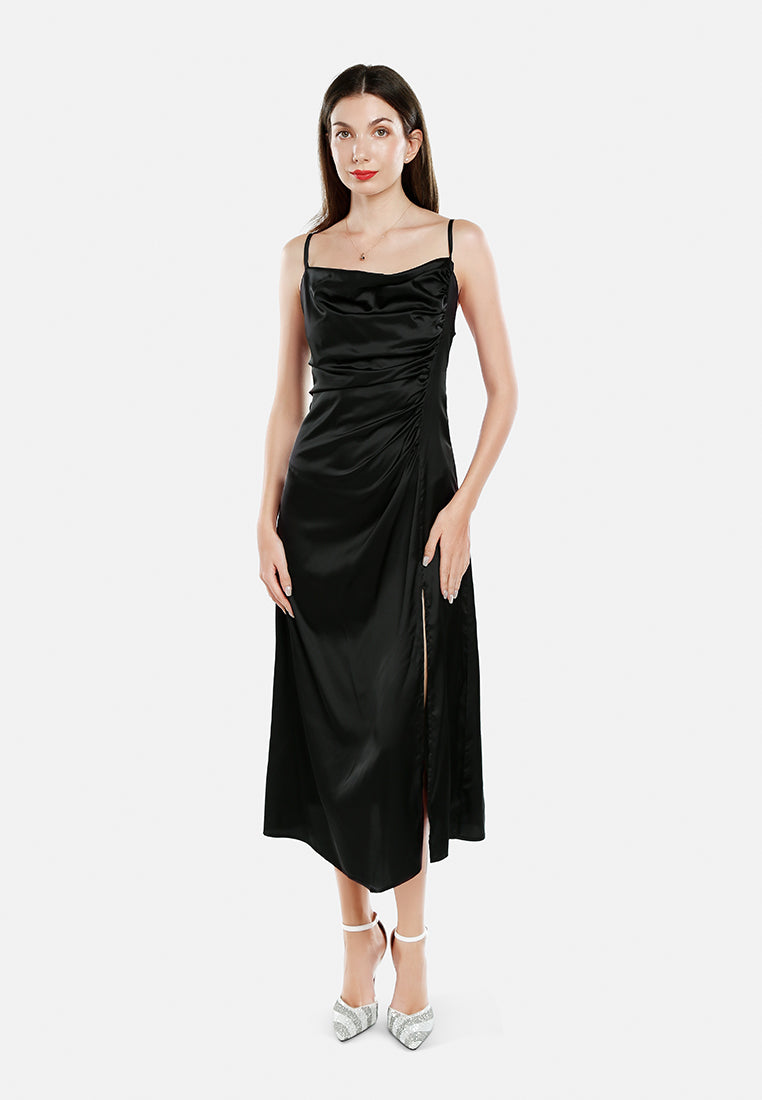 ruched detail slit slip dress by ruw#color_black