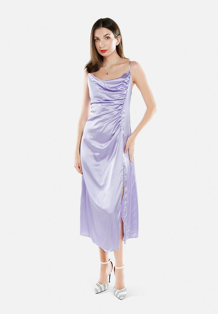 ruched detail slit slip dress by ruw#color_lavender