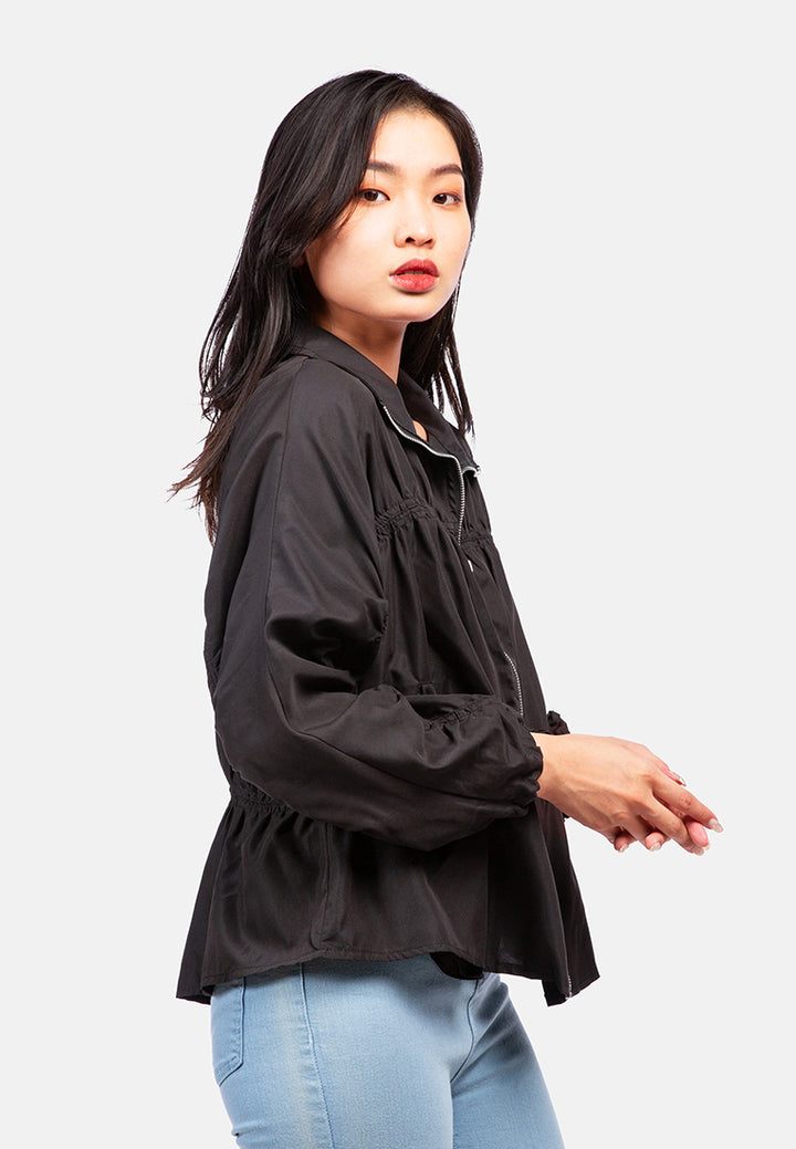 ruched drawstring jacket#color_black