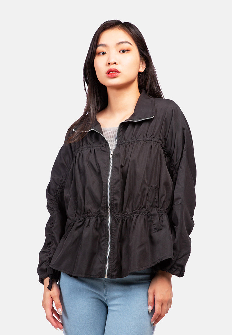 ruched drawstring jacket#color_black